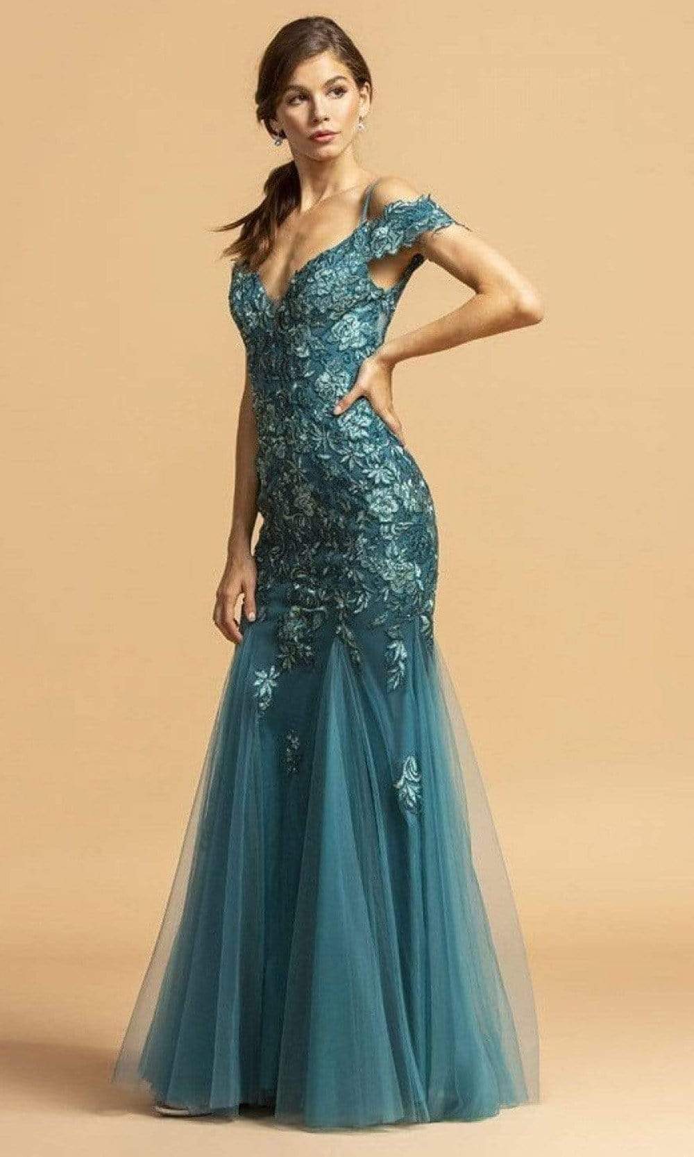 Trevi Collection - L2170 Floral Lace Cold Shoulder Trumpet Dress Evening Dresses XXS / Teal