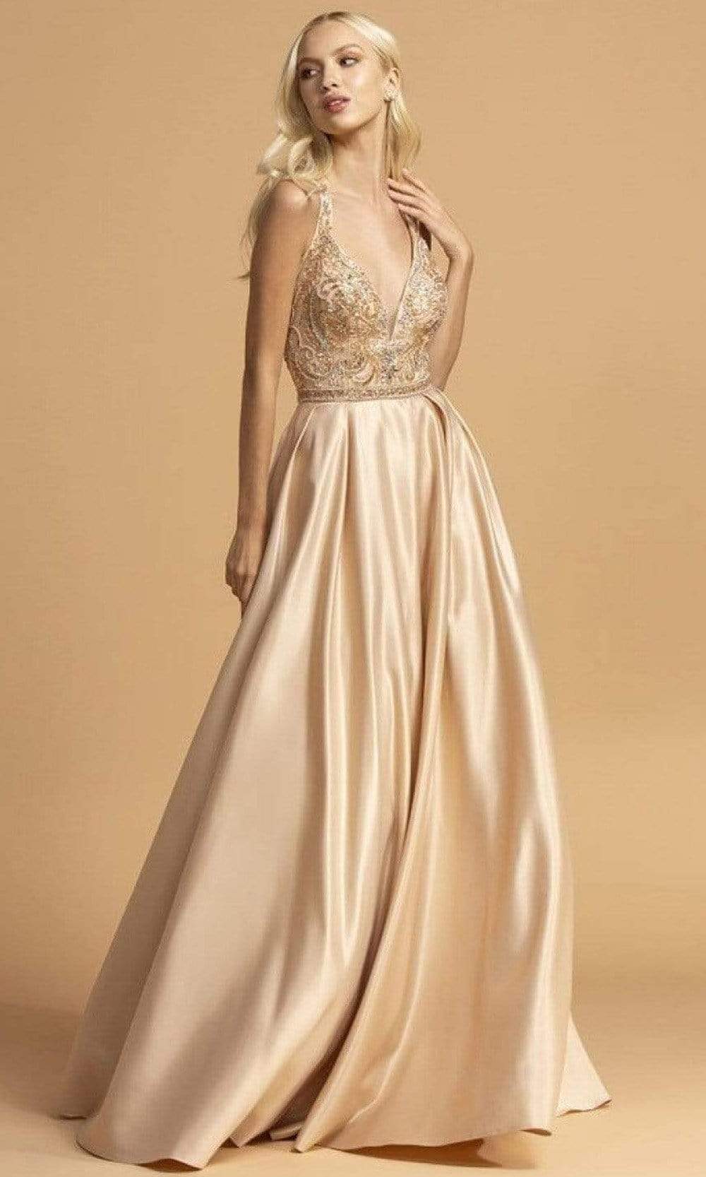 Trevi Collection - L2174 Sleeveless A-Line Evening Dress Evening Dresses XXS / Champagne