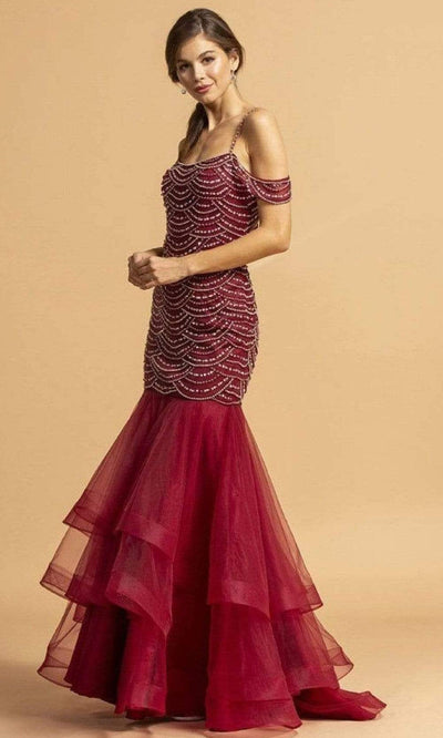 Trevi Collection - L2175 Scallop Motif Cold Shoulder Dress Evening Dresses XXS / Burgundy