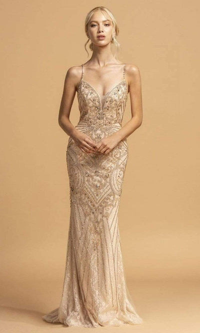 Trevi Collection - L2176 Plunging V-Neck Beaded Evening Dress Evening Dresses XXS / Champagne