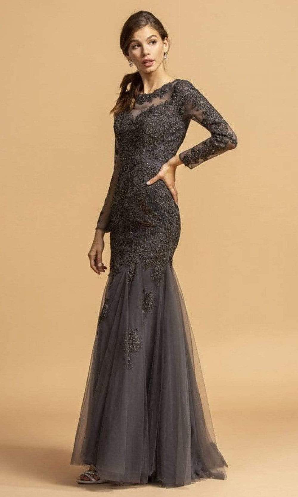 Trevi Collection - L2182 Long Sleeve Appliqued Trumpet Dress Evening Dresses XXS / Charcoal