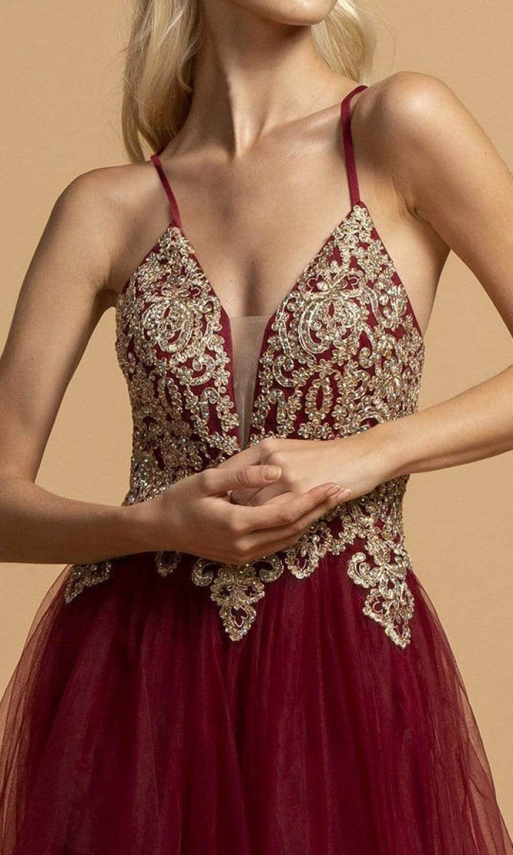 Trevi Collection - L2187 Spaghetti Straps Metallic Lace A-Line Dress Prom Dresses