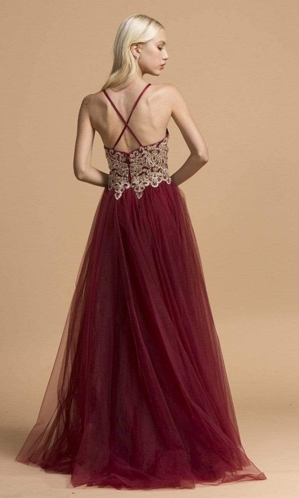 Trevi Collection - L2187 Spaghetti Straps Metallic Lace A-Line Dress Prom Dresses