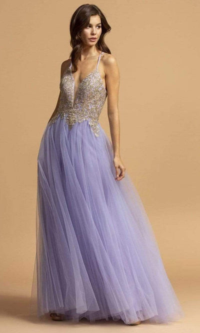 Trevi Collection - L2187 Spaghetti Straps Metallic Lace A-Line Dress Prom Dresses XXS / Pewter