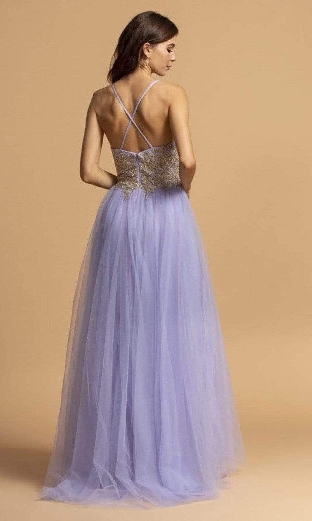 Trevi Collection - L2187 Spaghetti Straps Metallic Lace A-Line Dress Special Occasion Dress