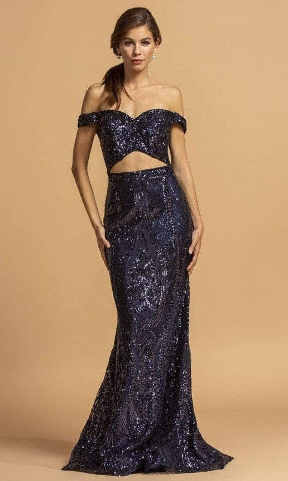 Trevi Collection - L2199 Off Shoulder Sheath Evening Dress Evening Dresses XXS / Navy