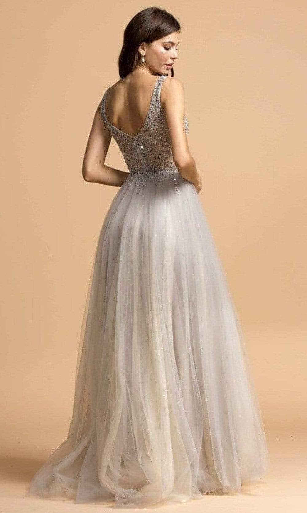 Trevi Collection - L2201 Beaded V-Neck Tulle High Slit Dress Prom Dresses