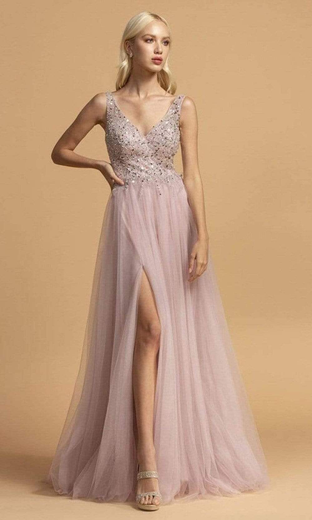 Trevi Collection - L2201 Beaded V-Neck Tulle High Slit Dress Prom Dresses XXS / Mauve