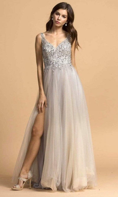 Trevi Collection - L2201 Beaded V-Neck Tulle High Slit Dress Prom Dresses XXS / Silver