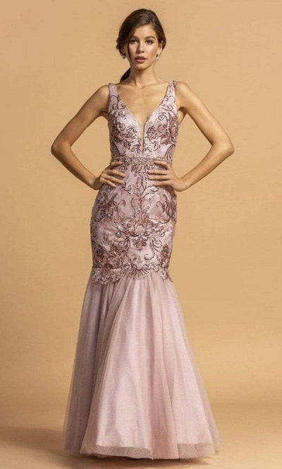 Trevi Collection - L2203 Appliqued Trumpet Evening Dress Evening Dresses XXS / Mauve