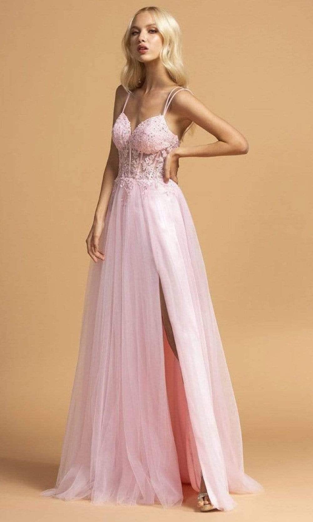 Trevi Collection - L2206 Appliqued Sheer Corset Bodice Dress Prom Dresses XXS / Blush