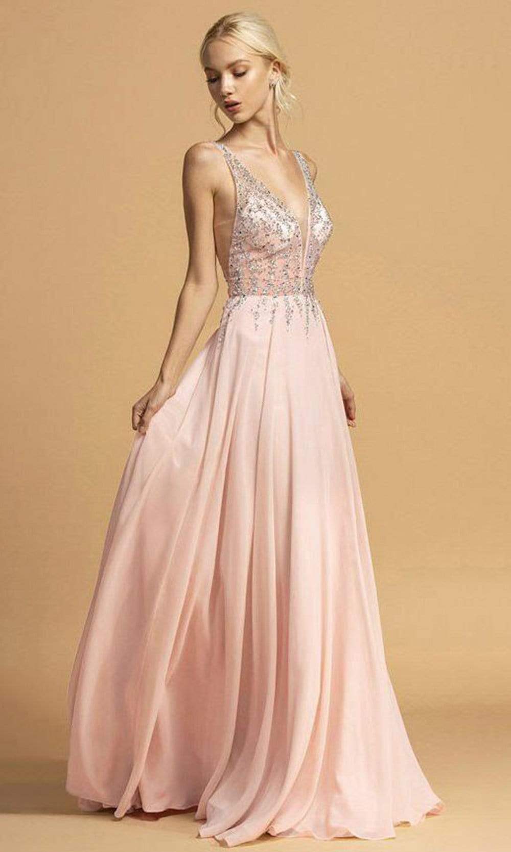 Trevi Collection - L2207 Rhinestone Ornate Chiffon Long Dress Prom Dresses XXS / Blush