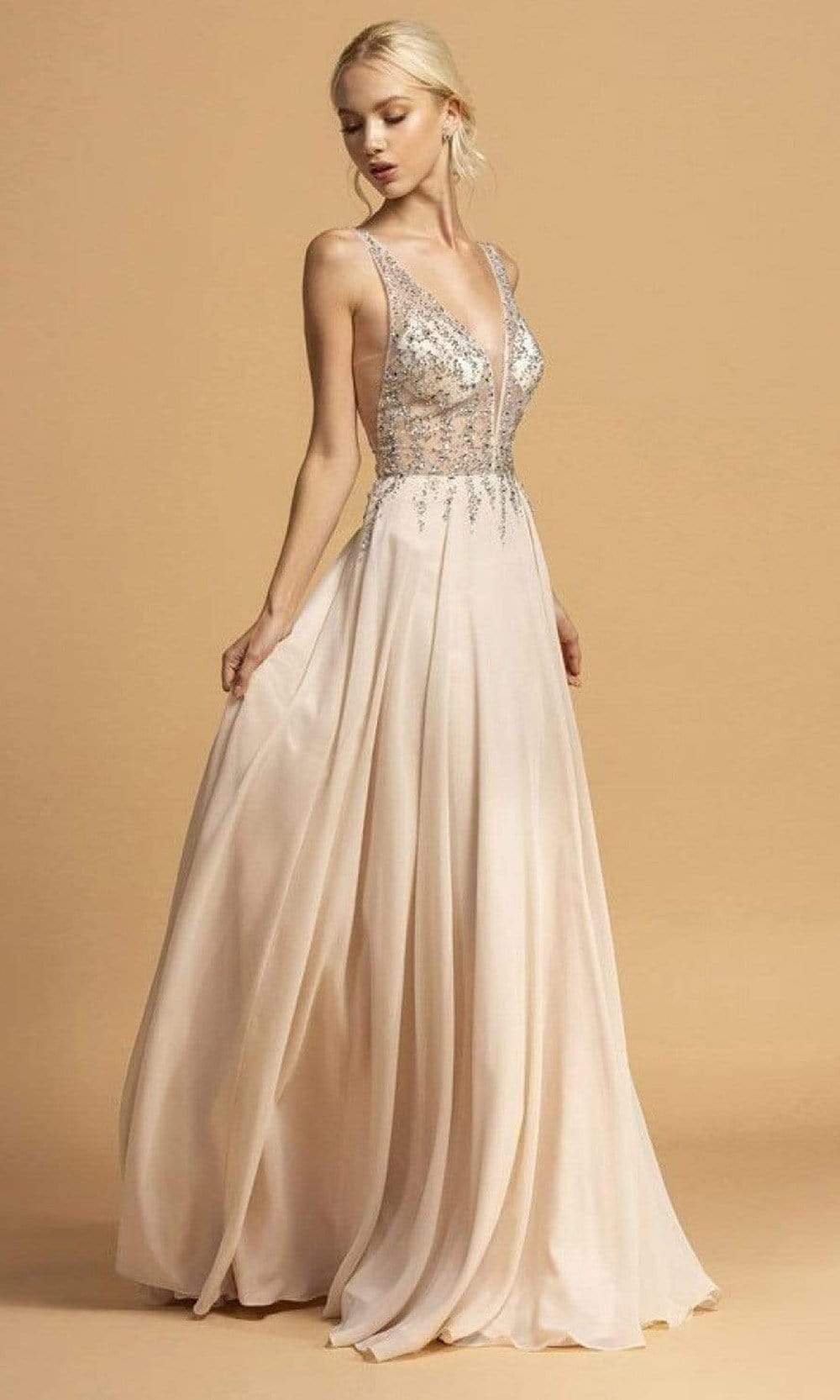 Trevi Collection - L2207 Rhinestone Ornate Chiffon Long Dress Prom Dresses XXS / Champagne