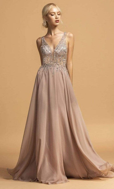 Trevi Collection - L2207 Rhinestone Ornate Chiffon Long Dress Prom Dresses XXS / Mauve