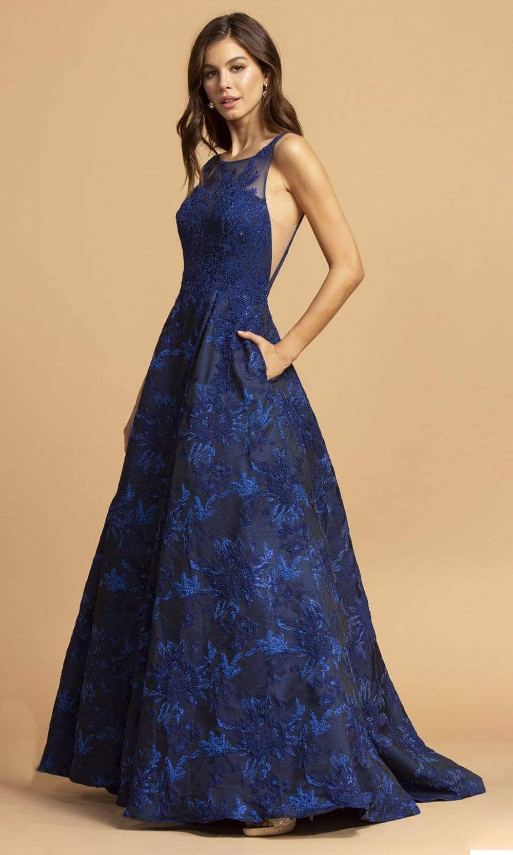 Trevi Collection - L2208 Appliqued Jacquard A-Line Dress Prom Dresses XXS / Perry Blue