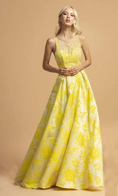 Trevi Collection - L2208 Appliqued Jacquard A-Line Dress Prom Dresses XXS / Yellow