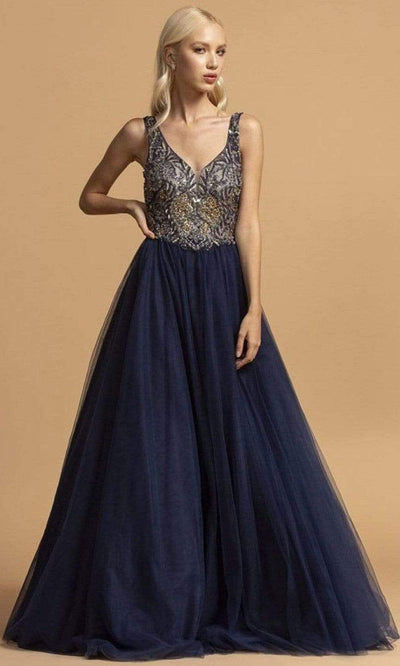 Trevi Collection - L2210 Beaded Plunging V-Neck Evening Dress Prom Dresses XXS / Navy