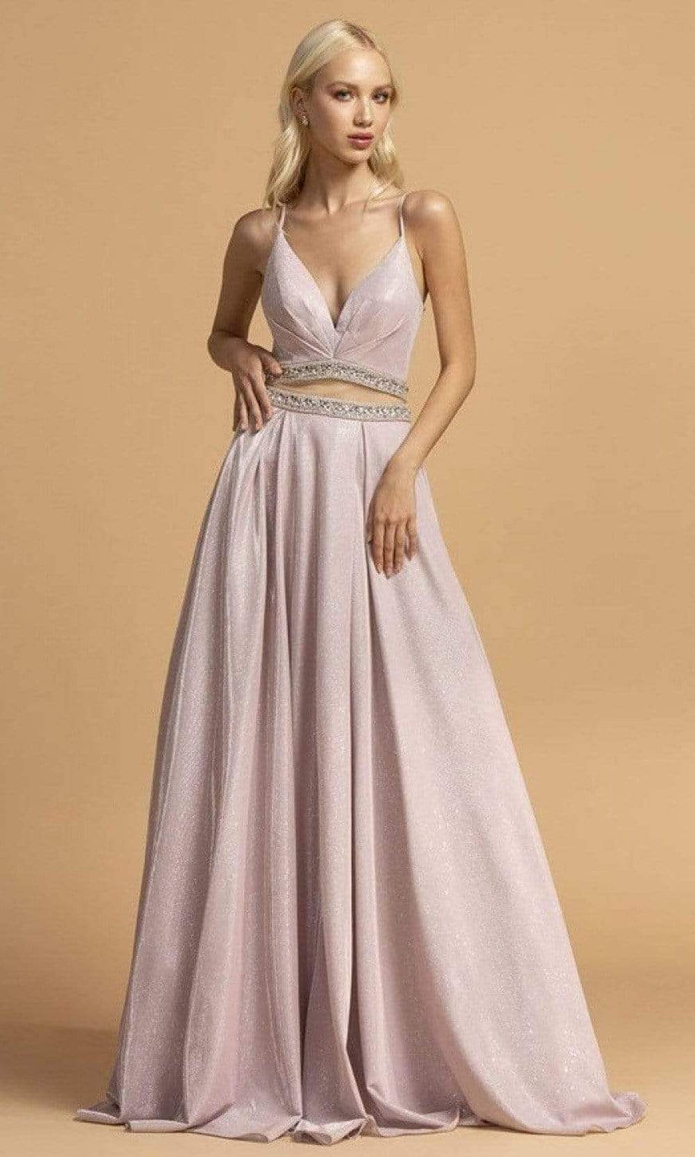 Trevi Collection - L2213 Faux Two-Piece Glitter A-Line Dress Prom Dresses XXS / Blush