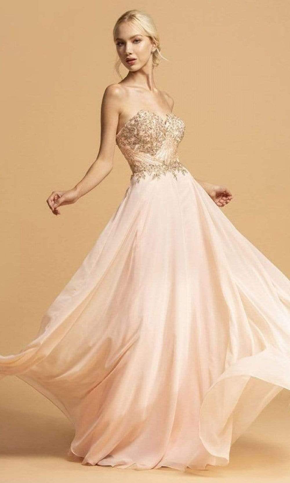 Trevi Collection - L2214 Strapless Metallic Applique A-Line Dress Prom Dresses XXS / Blush