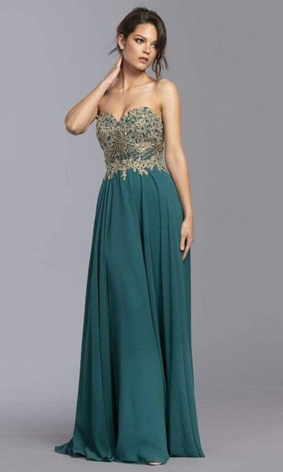 Trevi Collection - L2214 Strapless Metallic Applique A-Line Dress Prom Dresses XXS / Teal