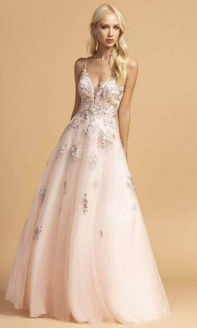 Trevi Collection - L2216 Thin Straps Plunging V-Neck Evening Dress Evening Dresses XXS / Blush/Silver