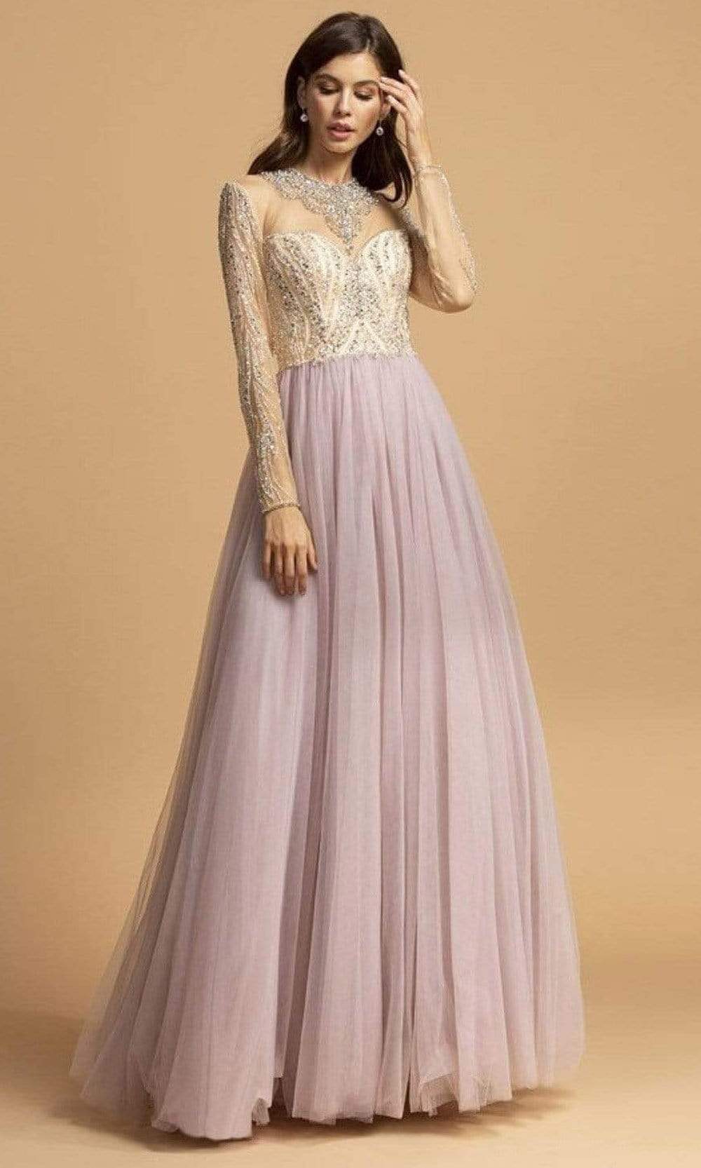 Trevi Collection - L2217 Bejeweled Illusion Long Sleeve Dress Prom Dresses XXS / Mauve