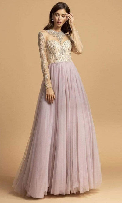 Trevi Collection - L2217 Bejeweled Illusion Long Sleeve Dress Prom Dresses XXS / Mauve