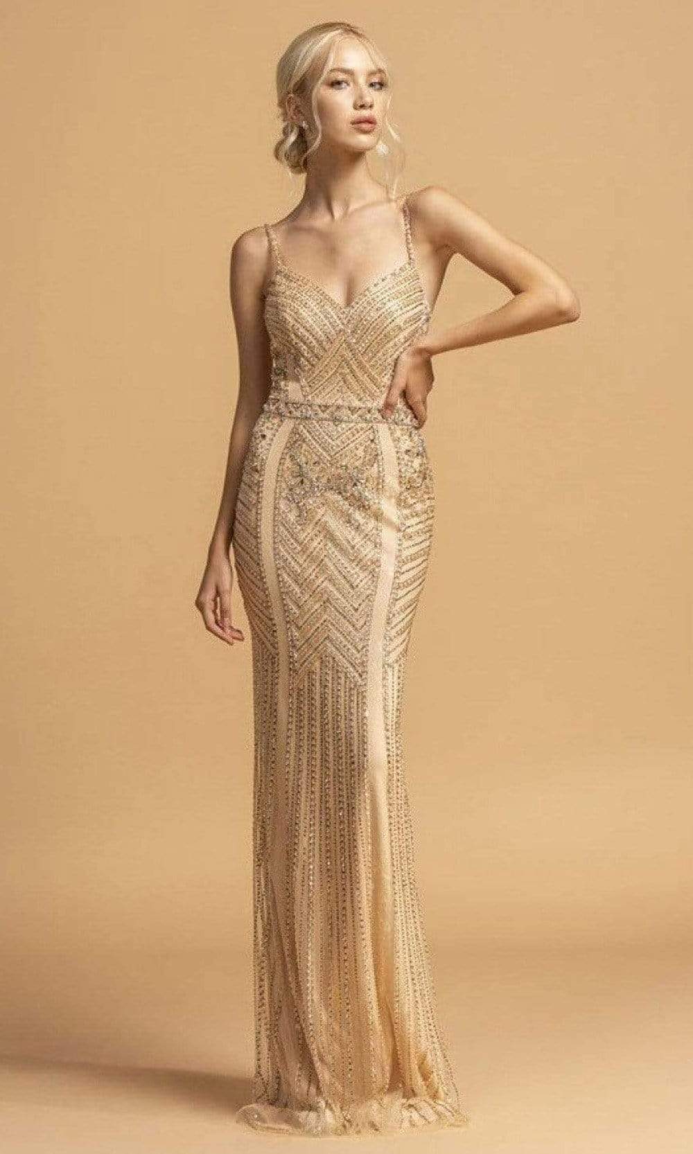 Trevi Collection - L2218 Spaghetti Strap Beaded Sheath Dress Evening Dresses XXS / Champagne