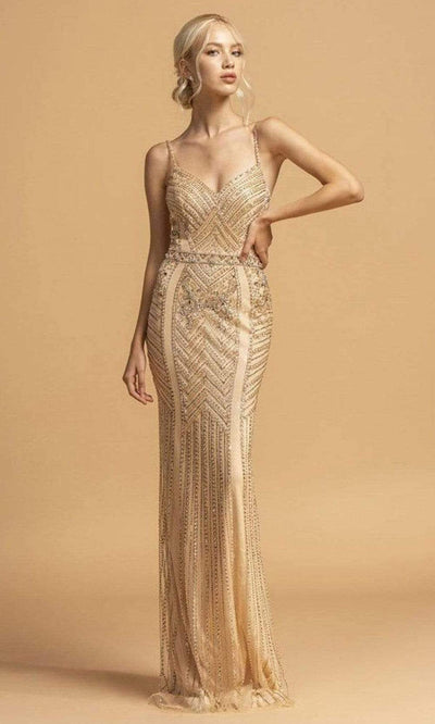Trevi Collection - L2218 Spaghetti Strap Beaded Sheath Dress Evening Dresses XXS / Champagne