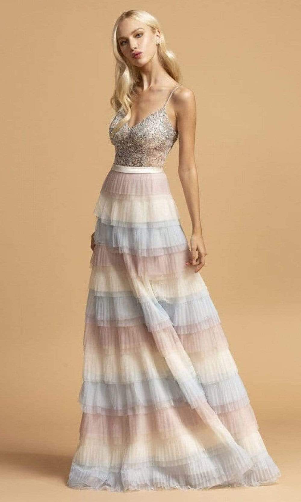 Trevi Collection - L2225 Sheer Bod Multi Color Tiered A-Line Dress Prom Dresses XXS / Multi