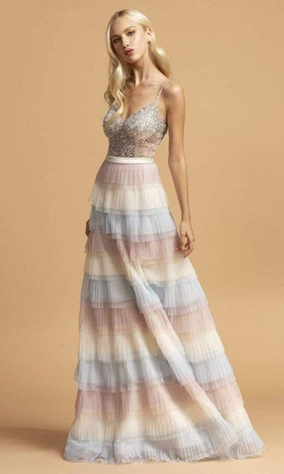 Trevi Collection - L2225 Sheer Bod Multi Color Tiered A-Line Dress Prom Dresses XXS / Multi