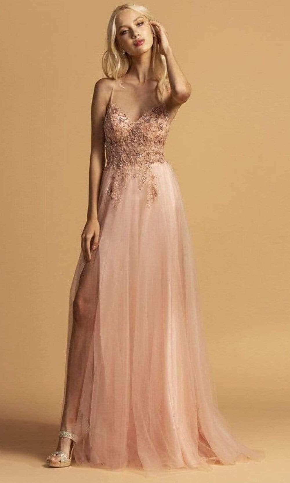 Trevi Collection - L2227 Lace Ornate Long A-Line Dress Prom Dresses XXS / Blush