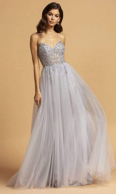 Trevi Collection - L2227 Lace Ornate Long A-Line Dress Prom Dresses XXS / Dove Gray