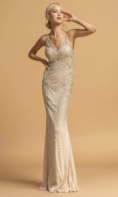 Trevi Collection - L2228 Rhinestone Embellished Long Dress Evening Dresses XXS / Champagne