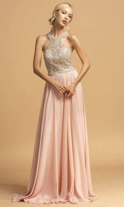 Trevi Collection - L2231 Halter Back Keyhole Evening Dress Evening Dresses XXS / Blush