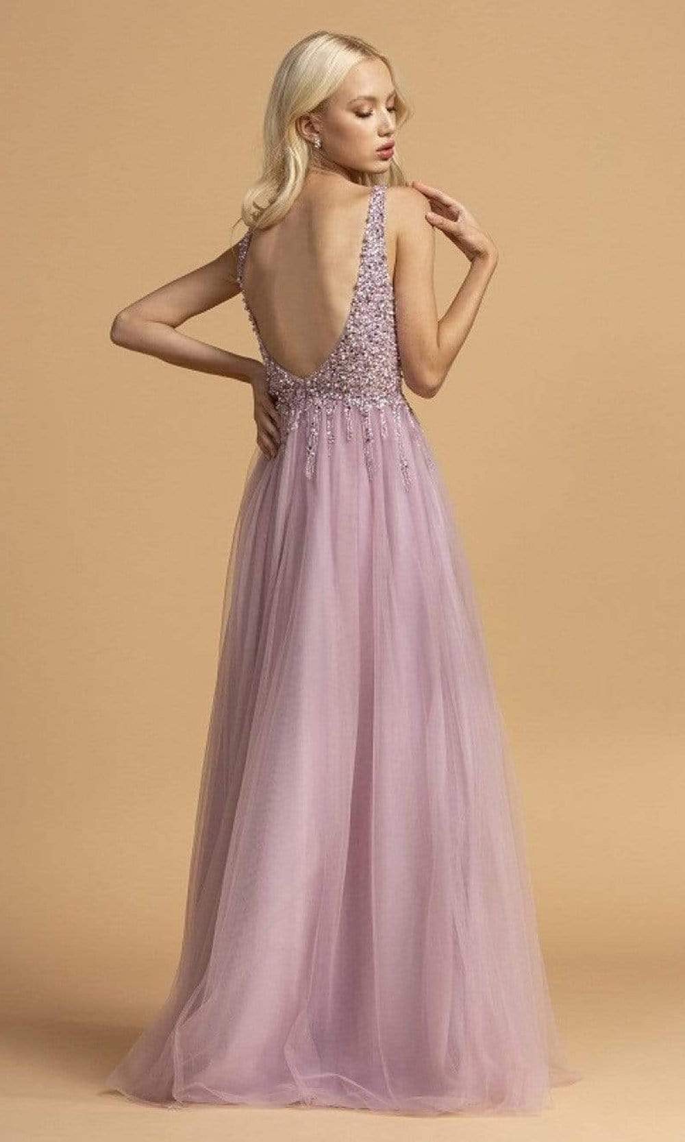 Trevi Collection - L2234 Plunging V-Neck Beaded High Slit Dress Prom Dresses