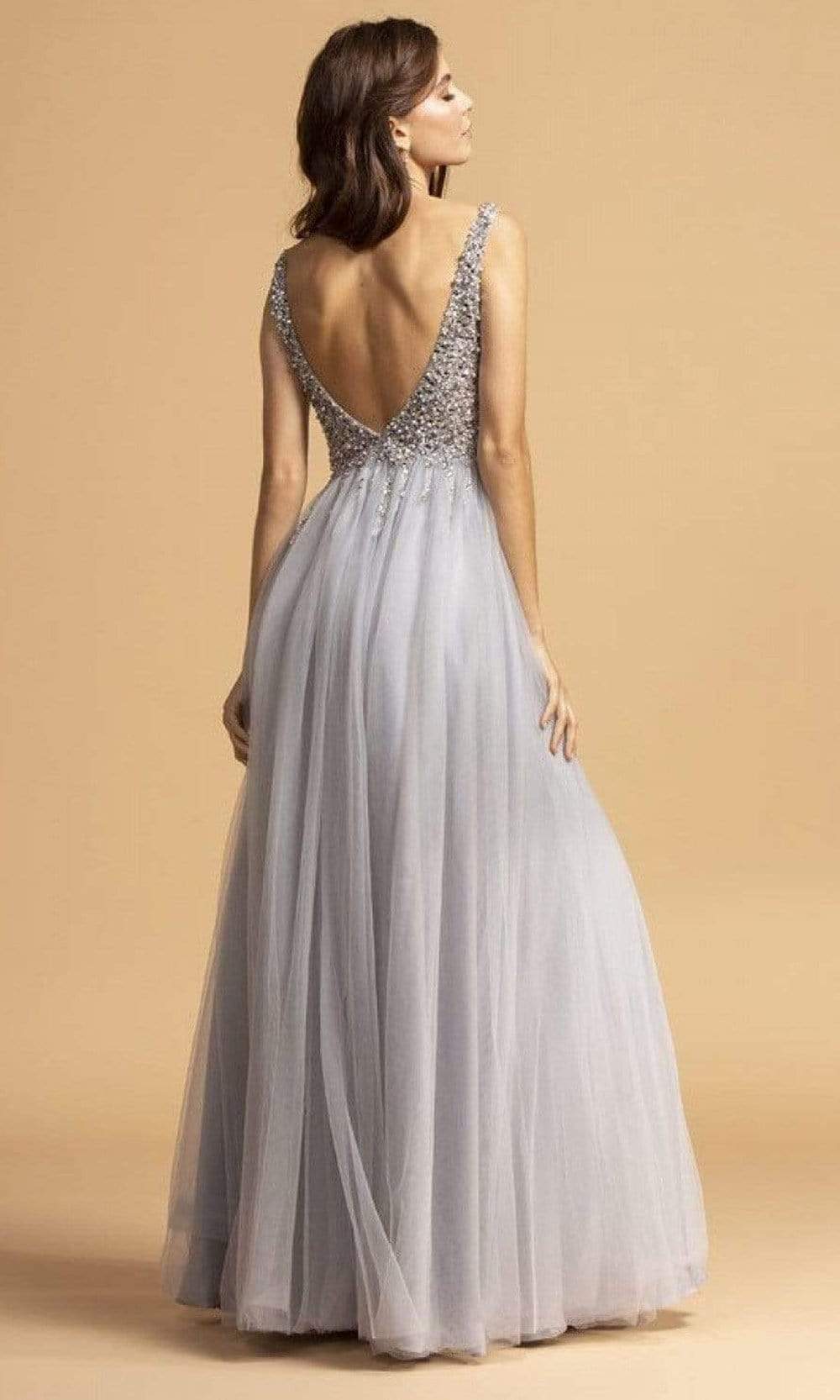 Trevi Collection - L2234 Plunging V-Neck Beaded High Slit Dress Prom Dresses