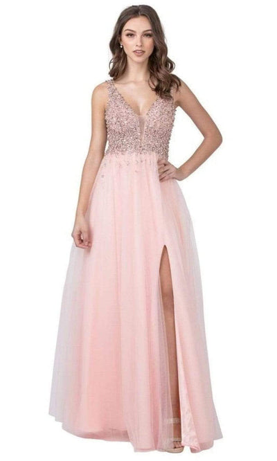 Trevi Collection - L2234 Plunging V-Neck Beaded High Slit Dress Prom Dresses XXS / Blush