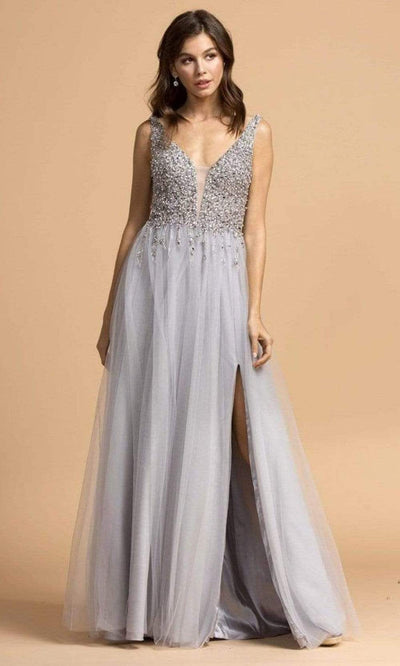 Trevi Collection - L2234 Plunging V-Neck Beaded High Slit Dress Prom Dresses XXS / Dove Gray