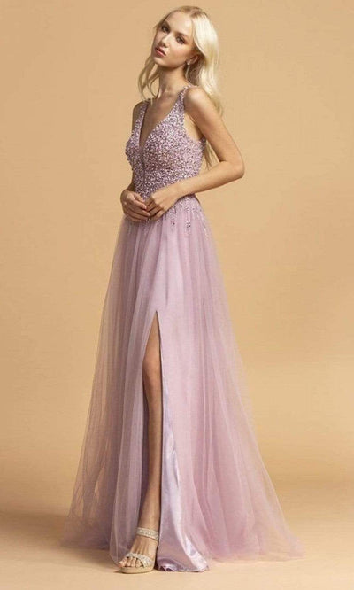 Trevi Collection - L2234 Plunging V-Neck Beaded High Slit Dress Prom Dresses XXS / Misty Lavender