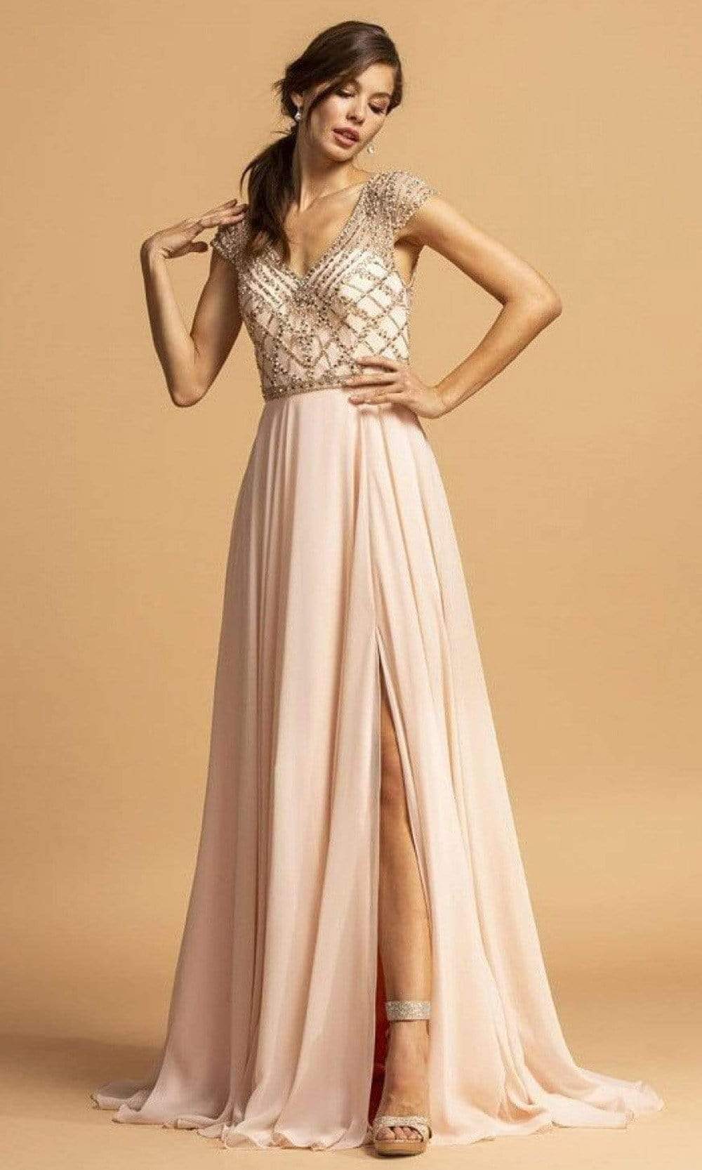 Trevi Collection - L2236 V-Neck A-Line Evening Dress Evening Dresses