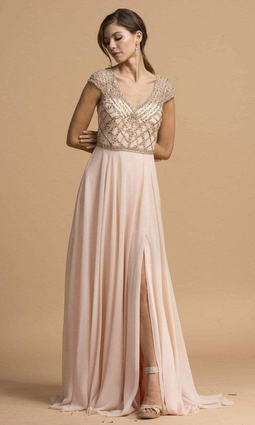 Trevi Collection - L2236 V-Neck A-Line Evening Dress Evening Dresses XXS / Blush