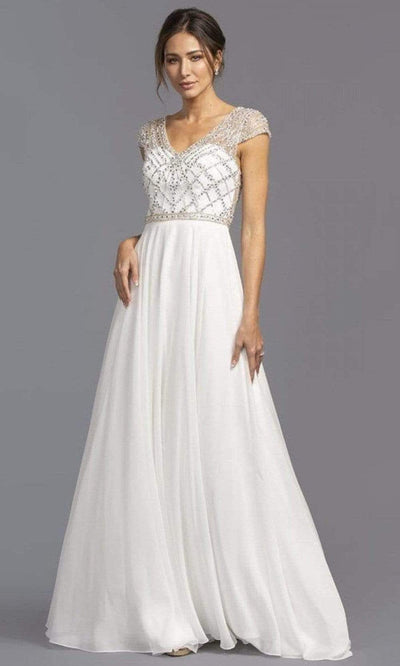 Trevi Collection - L2236 V-Neck A-Line Evening Dress Evening Dresses XXS / Off White