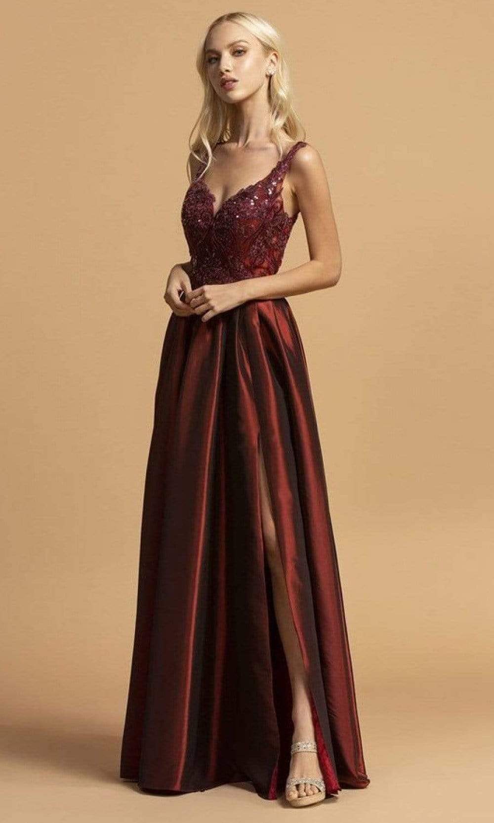 Trevi Collection - L2241 Ornate High Slit Taffeta A-Line Dress Prom Dresses XXS / Burgundy