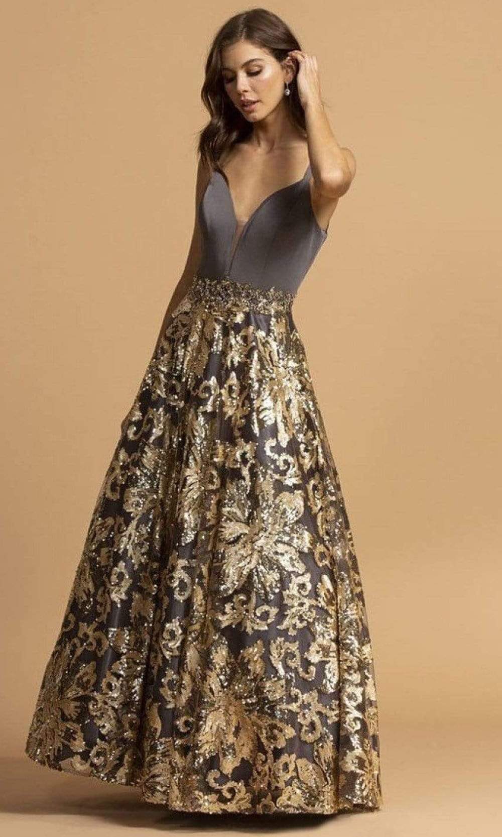 Trevi Collection - L2245 Sleeveless Gold Sequin Appliqued Dress Prom Dresses XXS / Charcoal Gold