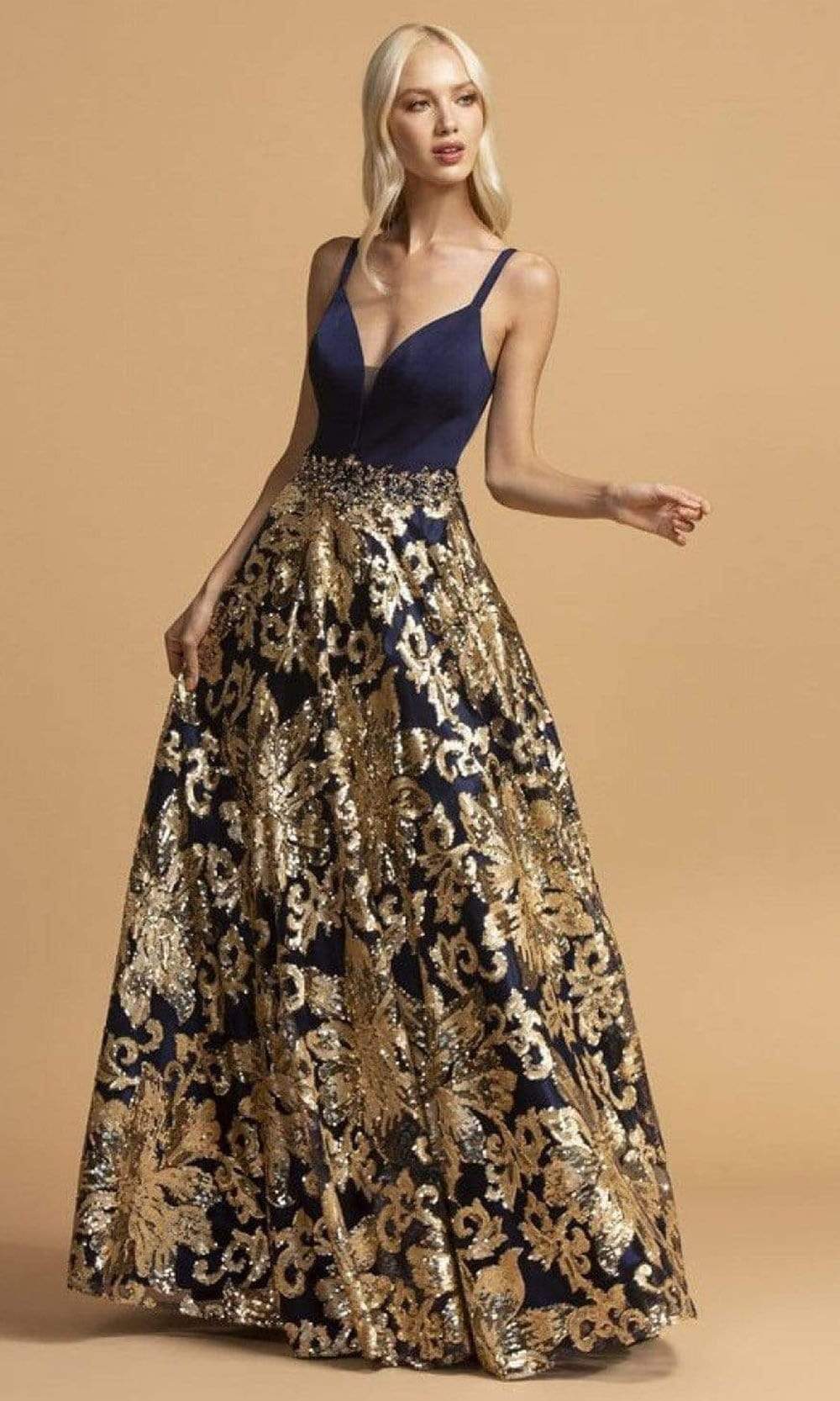 Trevi Collection - L2245 Sleeveless Gold Sequin Appliqued Dress Prom Dresses XXS / Navy Gold