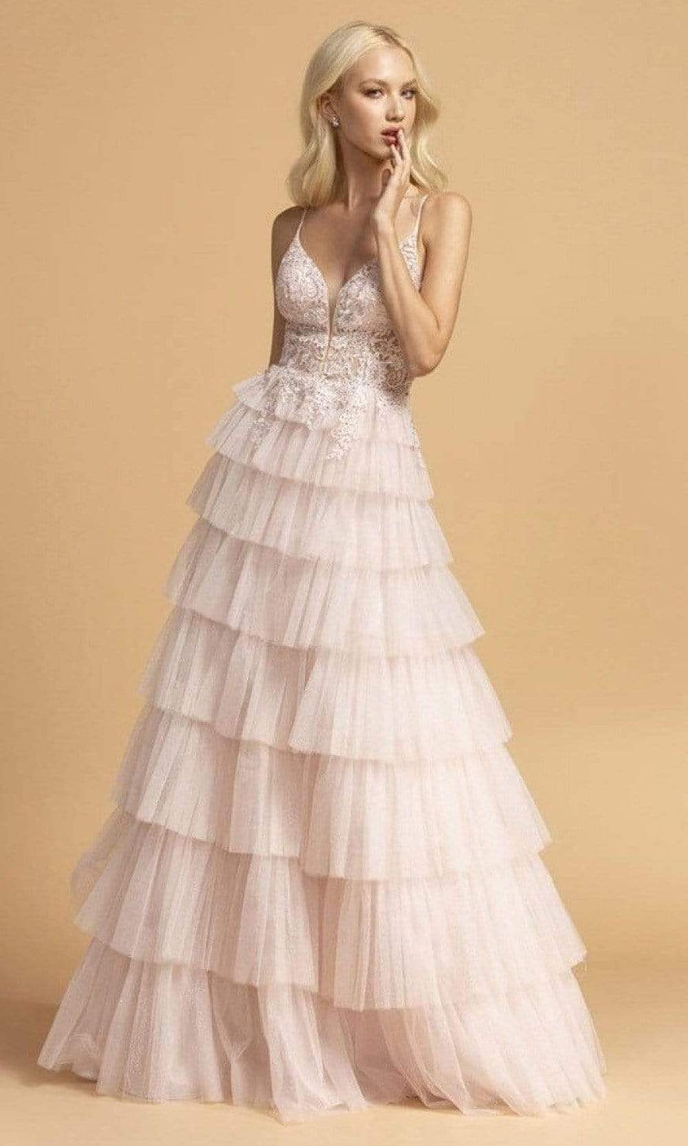 Trevi Collection - L2254 Applique-Trailed Tiered Tulle Dress Prom Dresses XXS / Blush