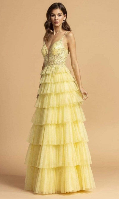 Trevi Collection - L2254 Applique-Trailed Tiered Tulle Dress Prom Dresses XXS / Lemon