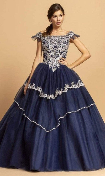 Trevi Collection - L2259 Off Shoulder Short Sleeves Ball Gown Ball Gowns XXS / Navy