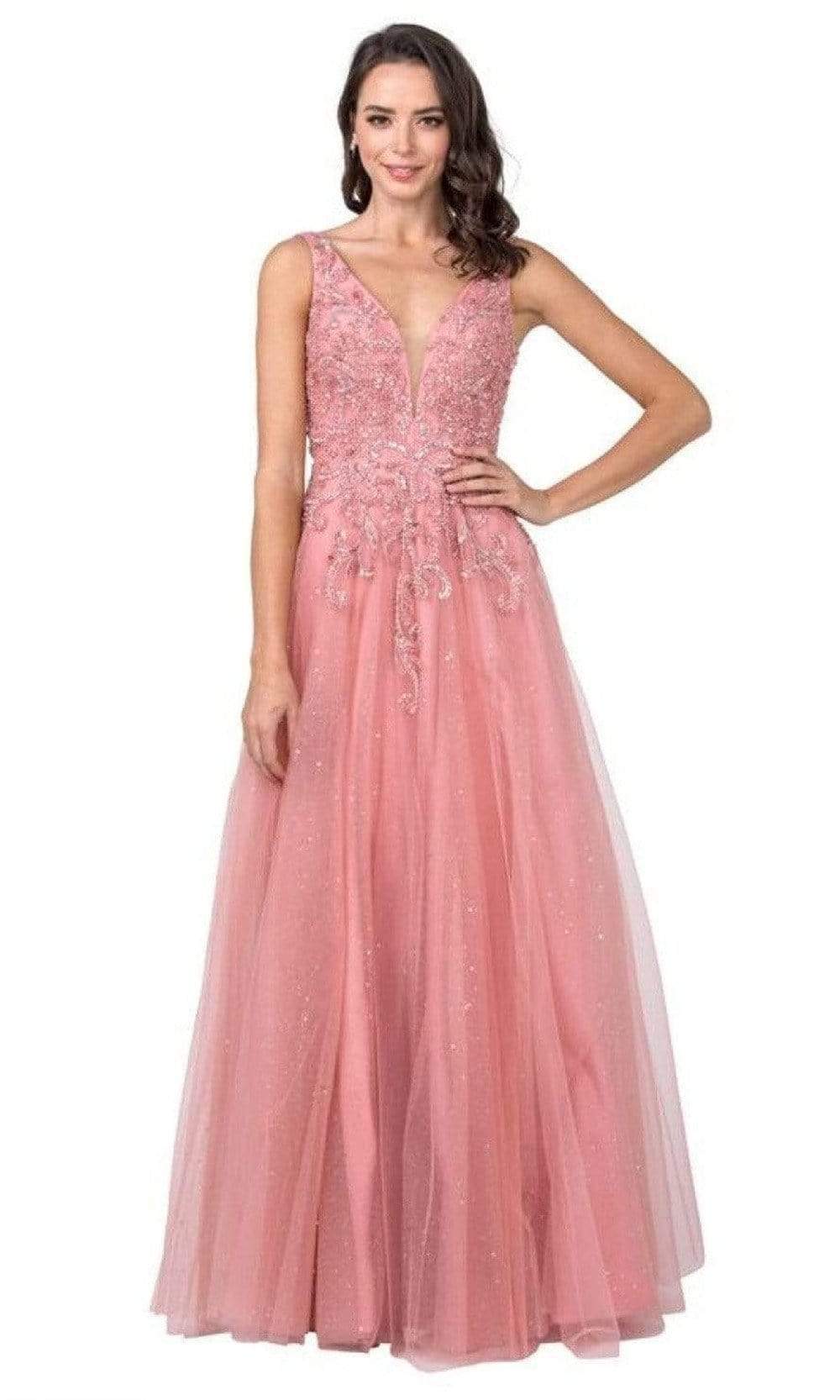 Trevi Collection - L2263 Beaded Glitter Tulle A-Line Dress Prom Dresses XXS / Dusty Blush